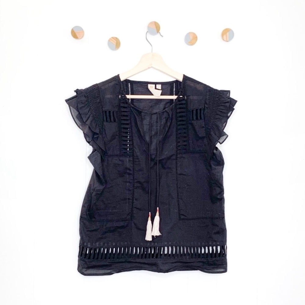 Eyelet Tassel Tie Flutter Sleeve Top